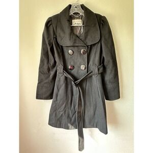 Guess Coat Womens PM Black Wool Blend Belted Double Breasted Peacoat Classic
